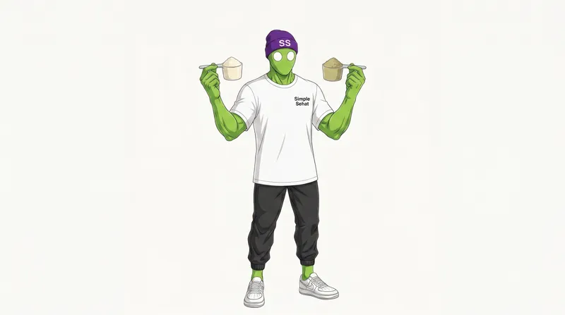 Bang Sehat membandingkan sekop bubuk whey protein dan protein nabati di dua tangannya