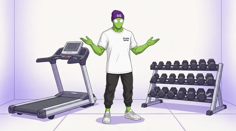 Bang Sehat, maskot Simple Sehat, berdiri di antara treadmill dan rak dumbbell dengan latar gym minimalis