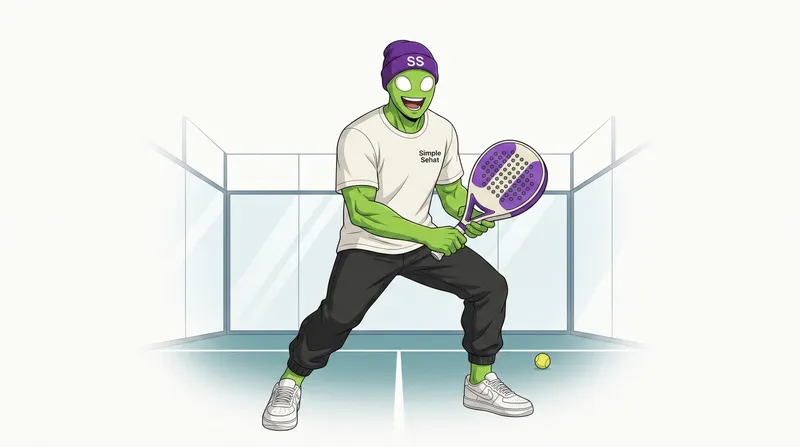 Bang Sehat bermain Padel dengan raket padel di lapangan kaca