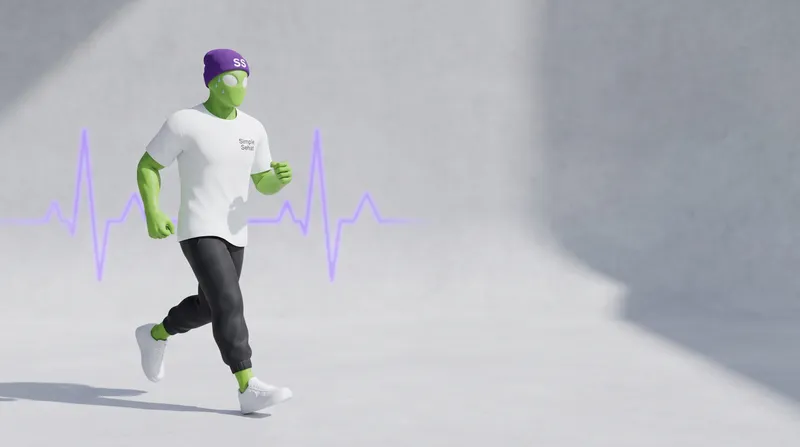 Bang Sehat, maskot Simple Sehat, lagi jogging santai dengan garis detak jantung di belakangnya